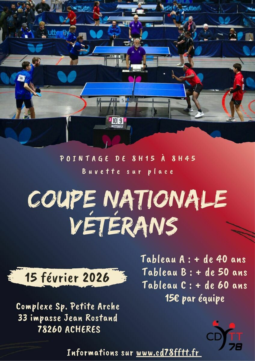Coupe nationale vétérans par équipes dite la "Coupe Davis des 40 ans et + du ping" dimanche 15 février à Achères